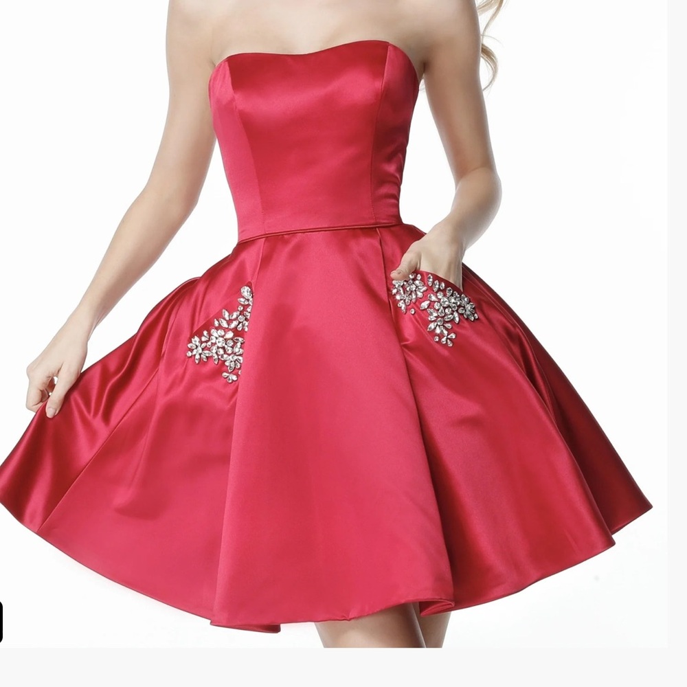 Sherri Hill NWT Red Strapless Rhinestone Satin Mini Dress with Pockets - Size 8
